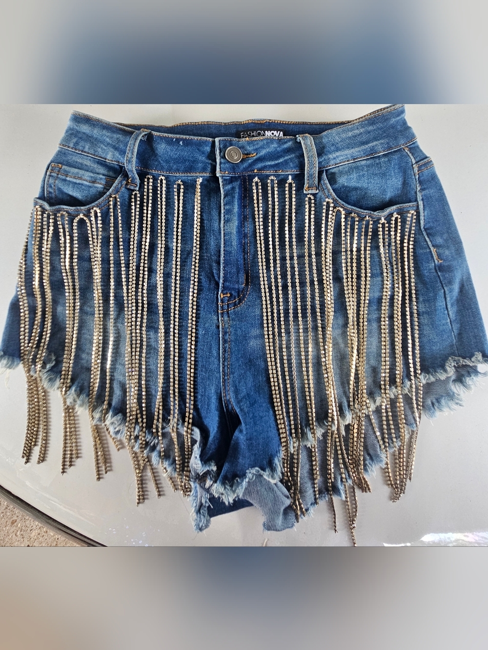 Fashion Nova Blue Denim Shorts with Rhinestone Fringe